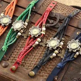 Women Fashion Leather Vintage Quartz Watch Multi Layer Handmade Bracelet Wristwatches Adjustable Length Couple Watch Accessories