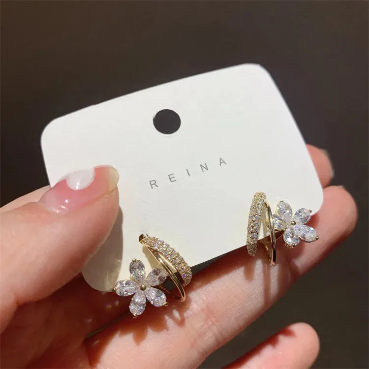 Women Fashion Metal Classic Flower Zircon Earring