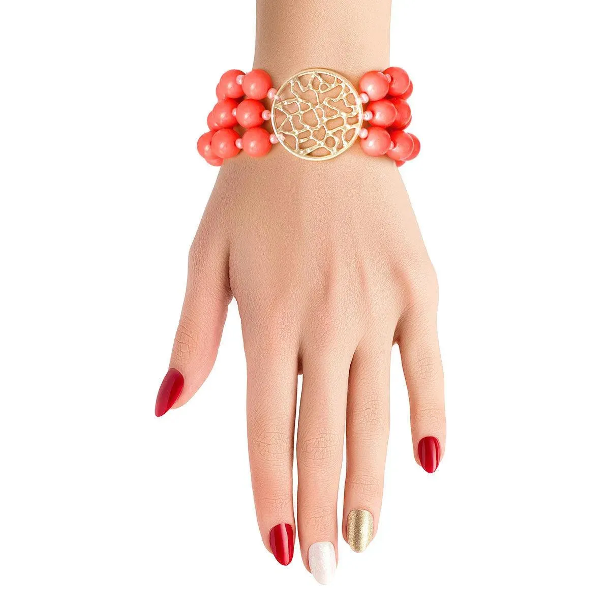 Women's Coral Beaded Bracelet with Gold Medallion: Elevate Your Style