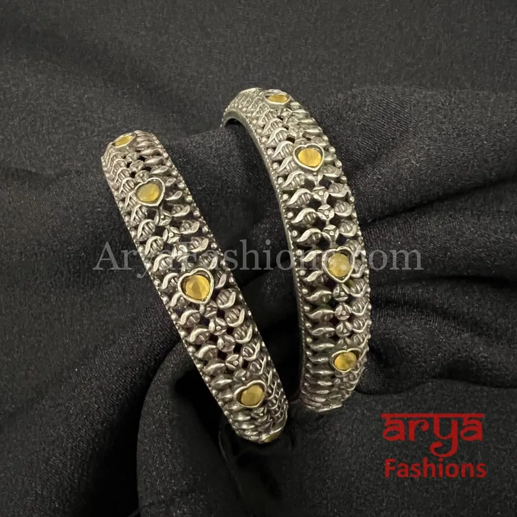 Yellow Brown Silver Oxidized Openable Bangles