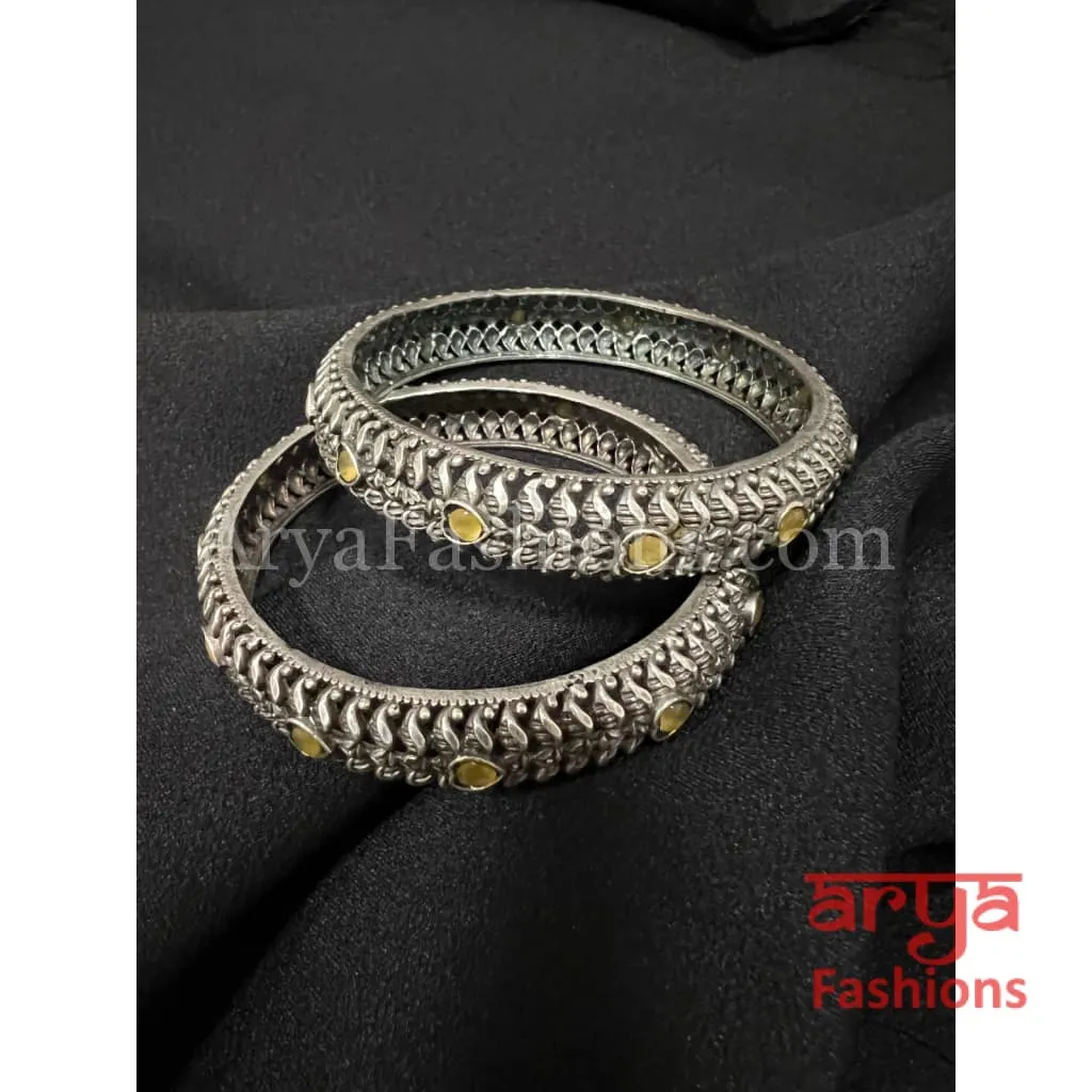 Yellow Brown Silver Oxidized Openable Bangles