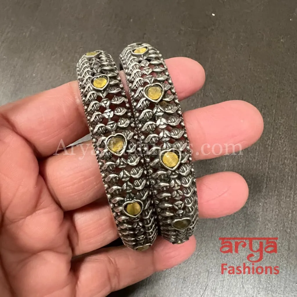 Yellow Brown Silver Oxidized Openable Bangles