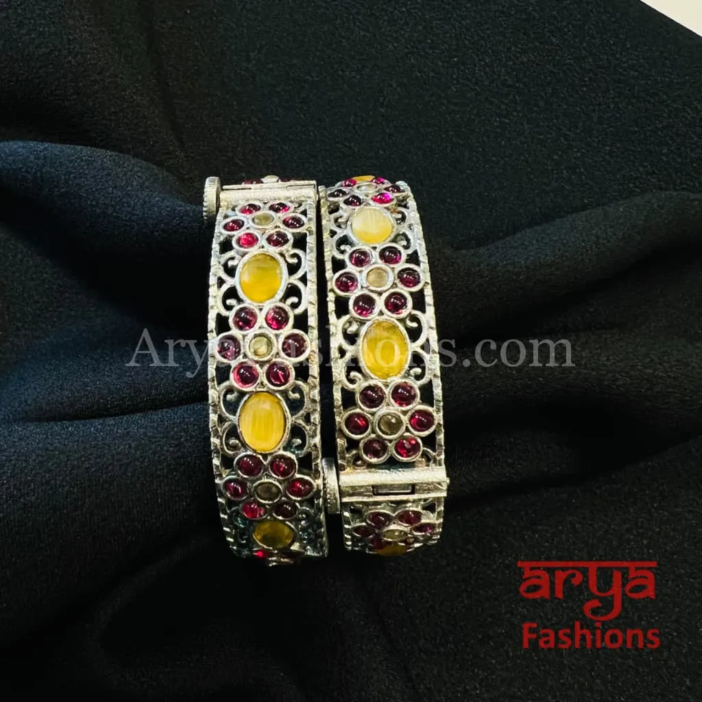 Yellow Pink Silver Oxidized Tribal Openable bangles