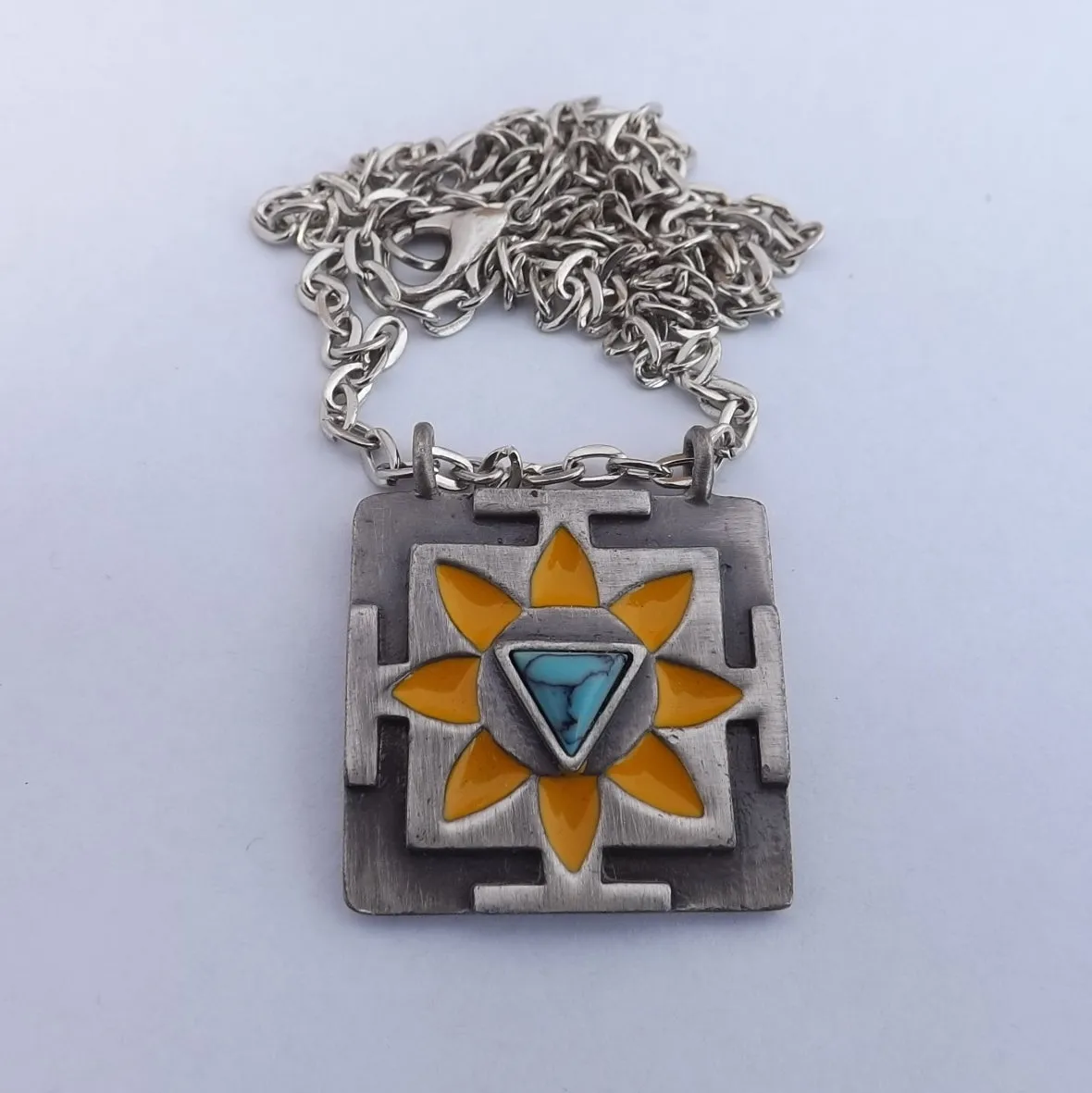 Yellow, Turquoise Blue & Silver Tone Pendant Necklace