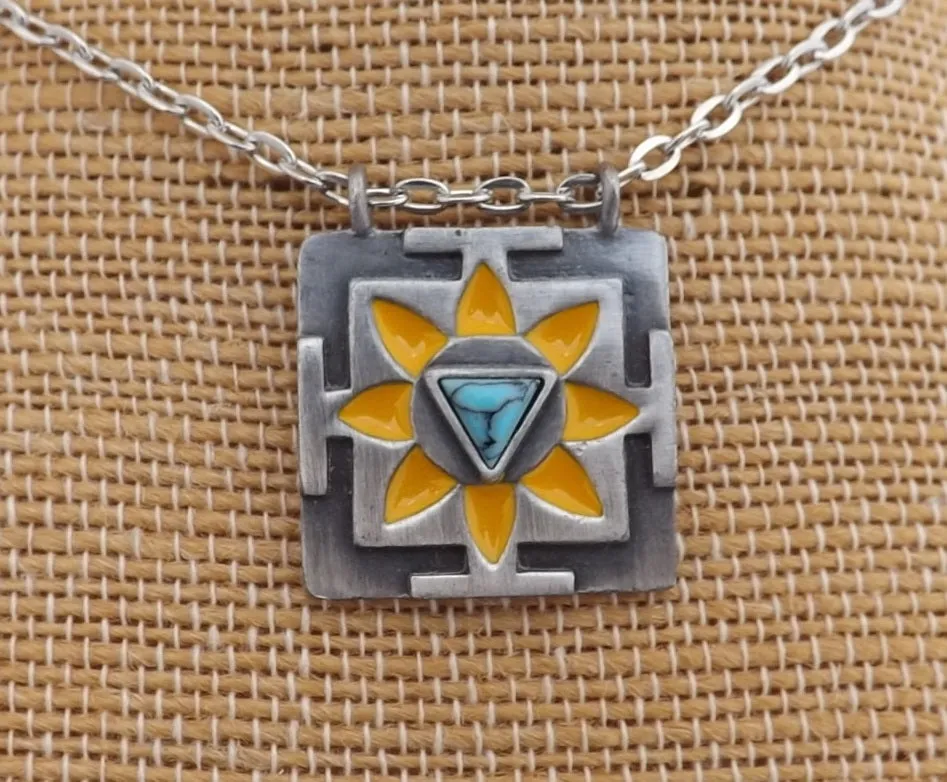 Yellow, Turquoise Blue & Silver Tone Pendant Necklace