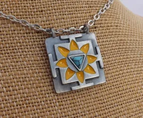 Yellow, Turquoise Blue & Silver Tone Pendant Necklace