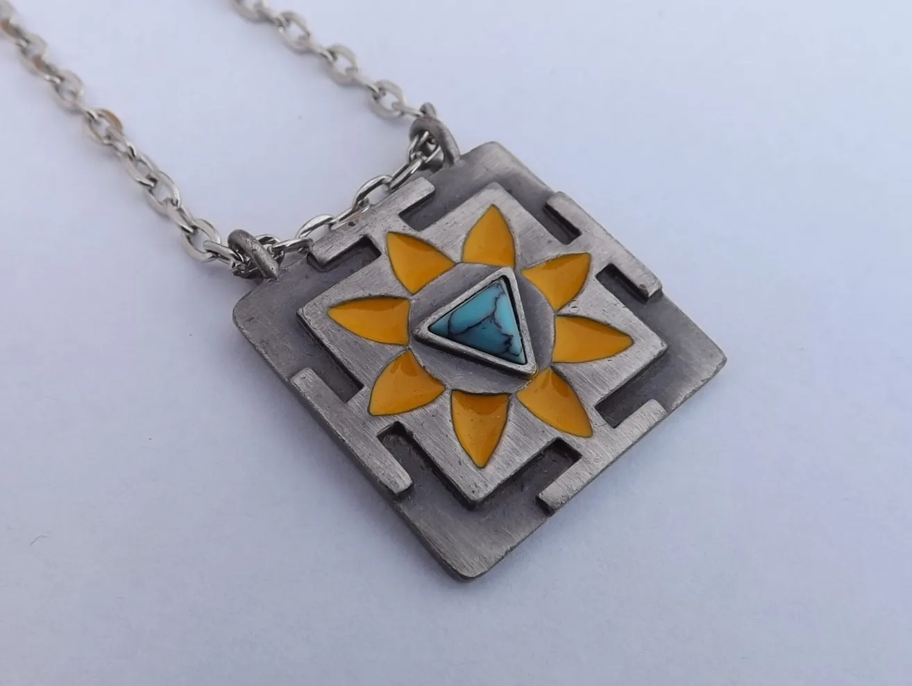 Yellow, Turquoise Blue & Silver Tone Pendant Necklace