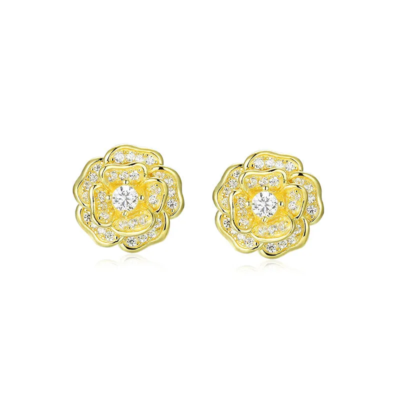 Zircon Camellia Silver Studs Earrings for Women