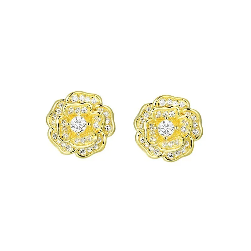 Zircon Camellia Silver Studs Earrings for Women