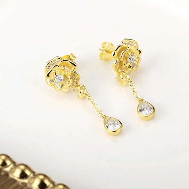 Zircon Camellia Tassel Silver Drop Earrings for Women