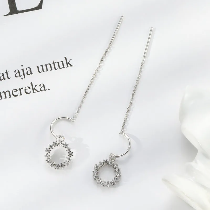 Zircon Circle Long Tassle Ear Line Silver Drop Earrings for Women