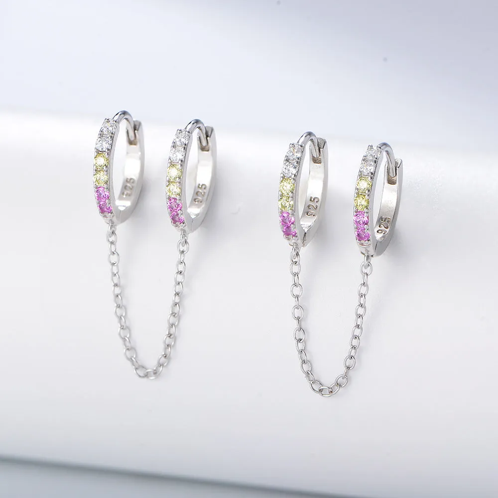 Zircon Double Ear Hole Round Buckle Silver Chain Earring for Women