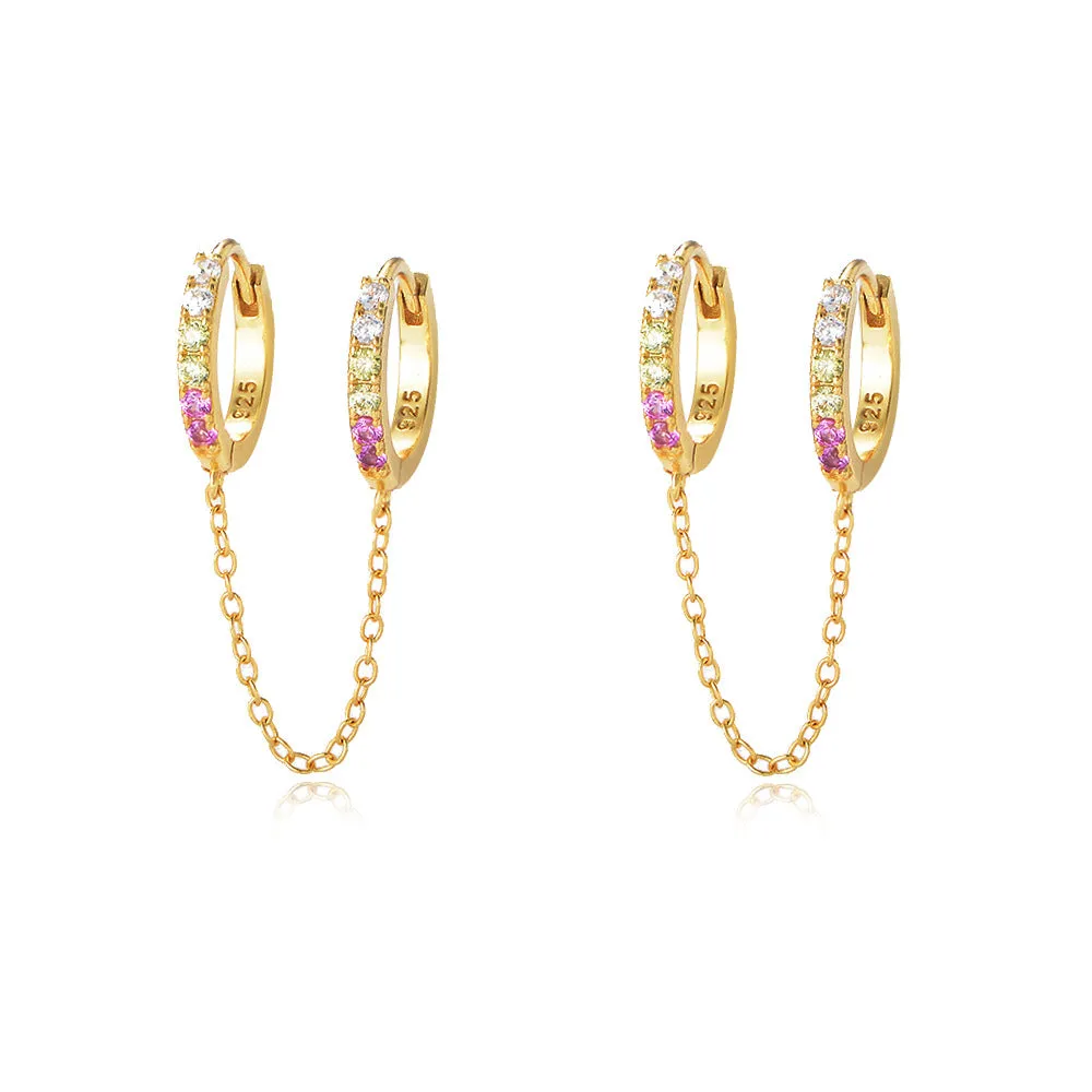 Zircon Double Ear Hole Round Buckle Silver Chain Earring for Women