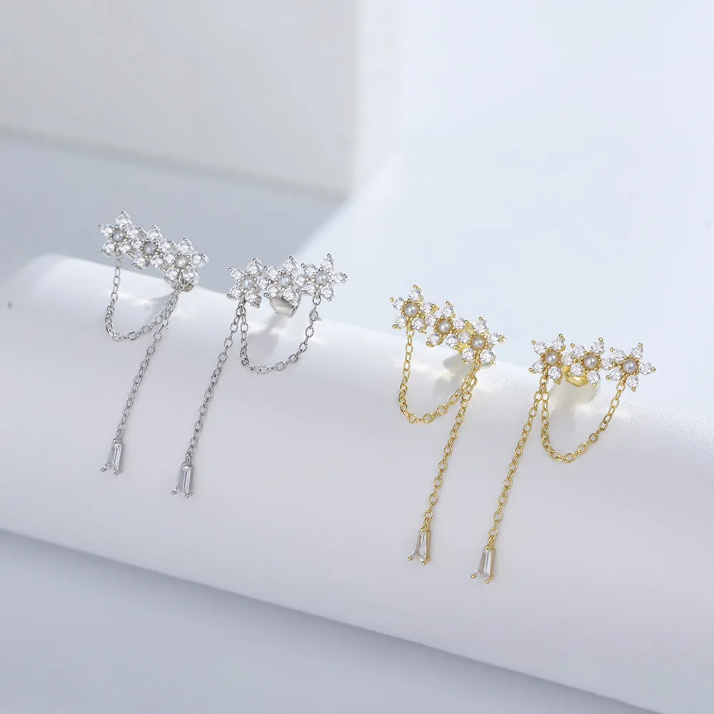 Zircon Flower with Pearl Tassel Silver Drop Earrings for Women