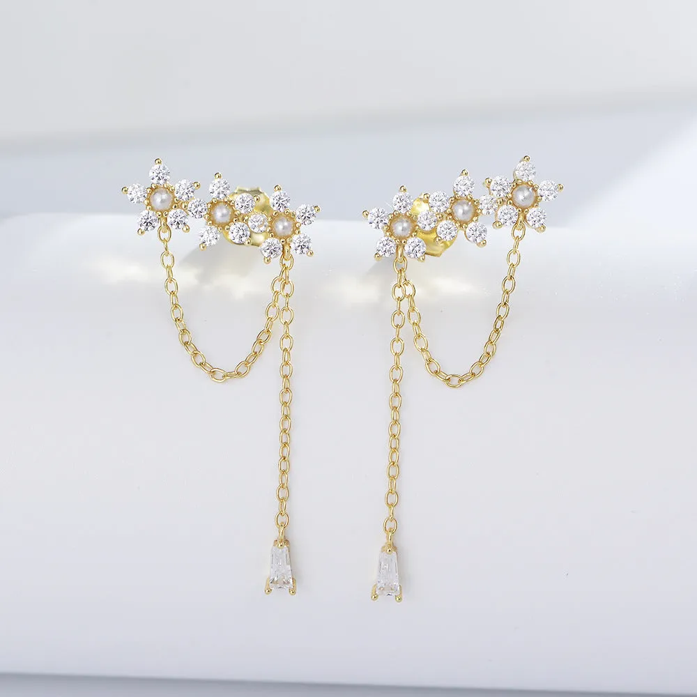 Zircon Flower with Pearl Tassel Silver Drop Earrings for Women