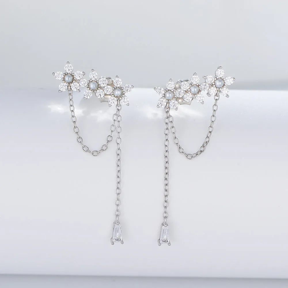 Zircon Flower with Pearl Tassel Silver Drop Earrings for Women