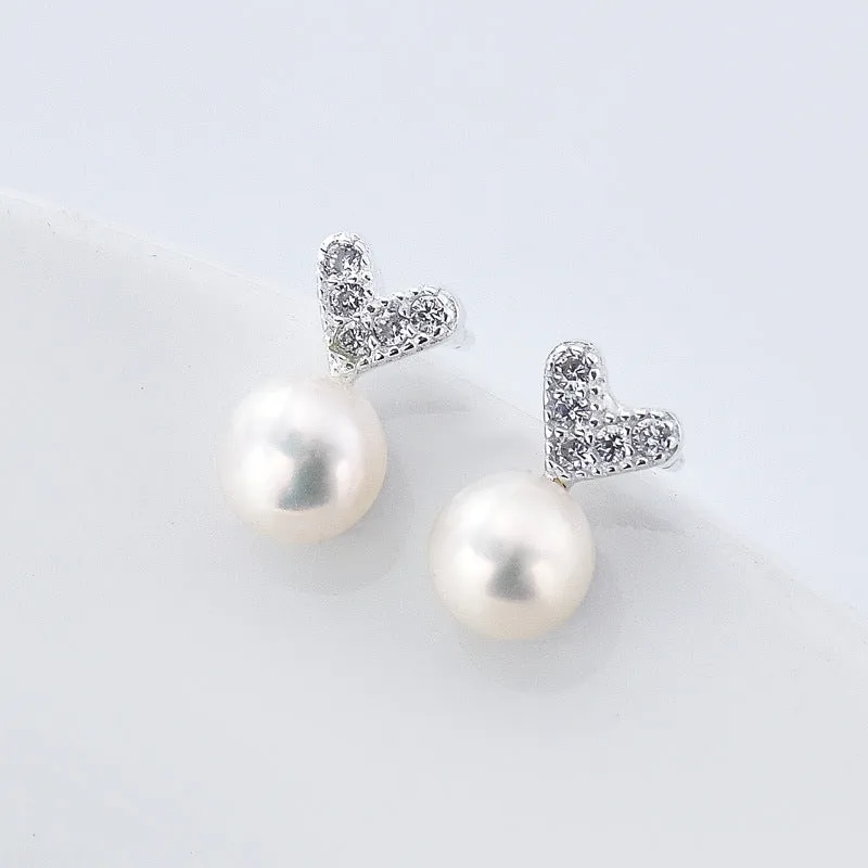 Zircon Heart with Freshwater Pearl Silver Stud Earrings for Women