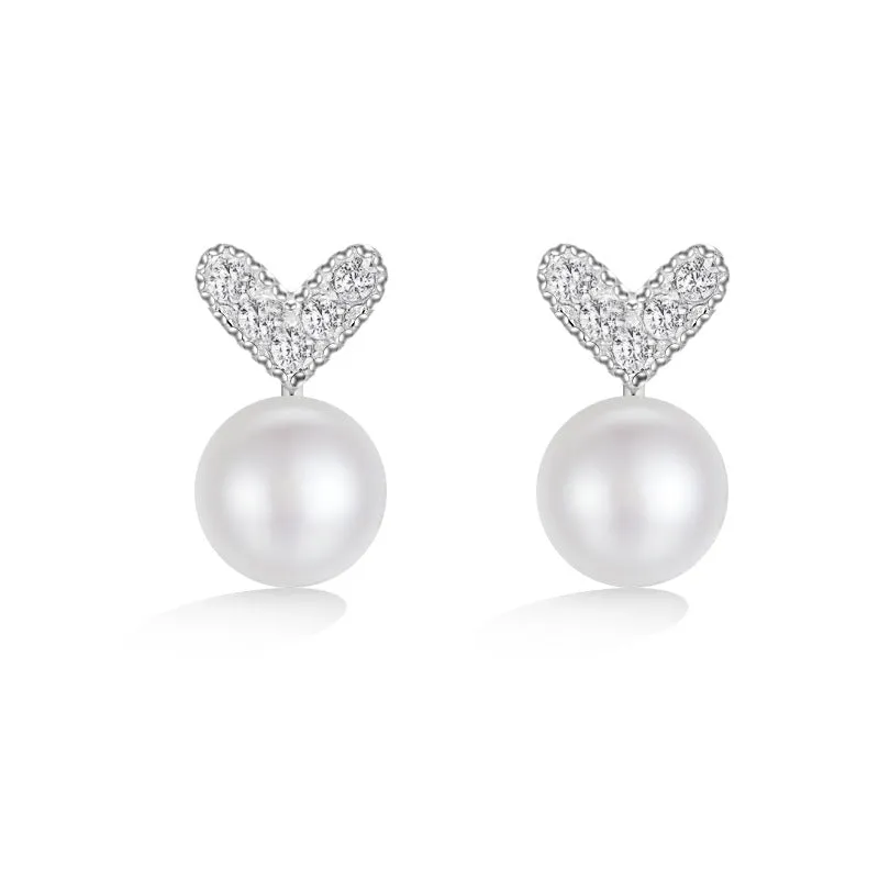 Zircon Heart with Freshwater Pearl Silver Stud Earrings for Women