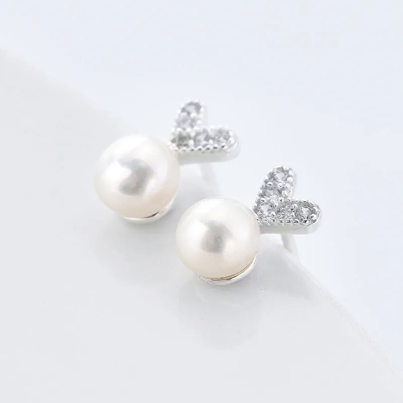 Zircon Heart with Freshwater Pearl Silver Stud Earrings for Women